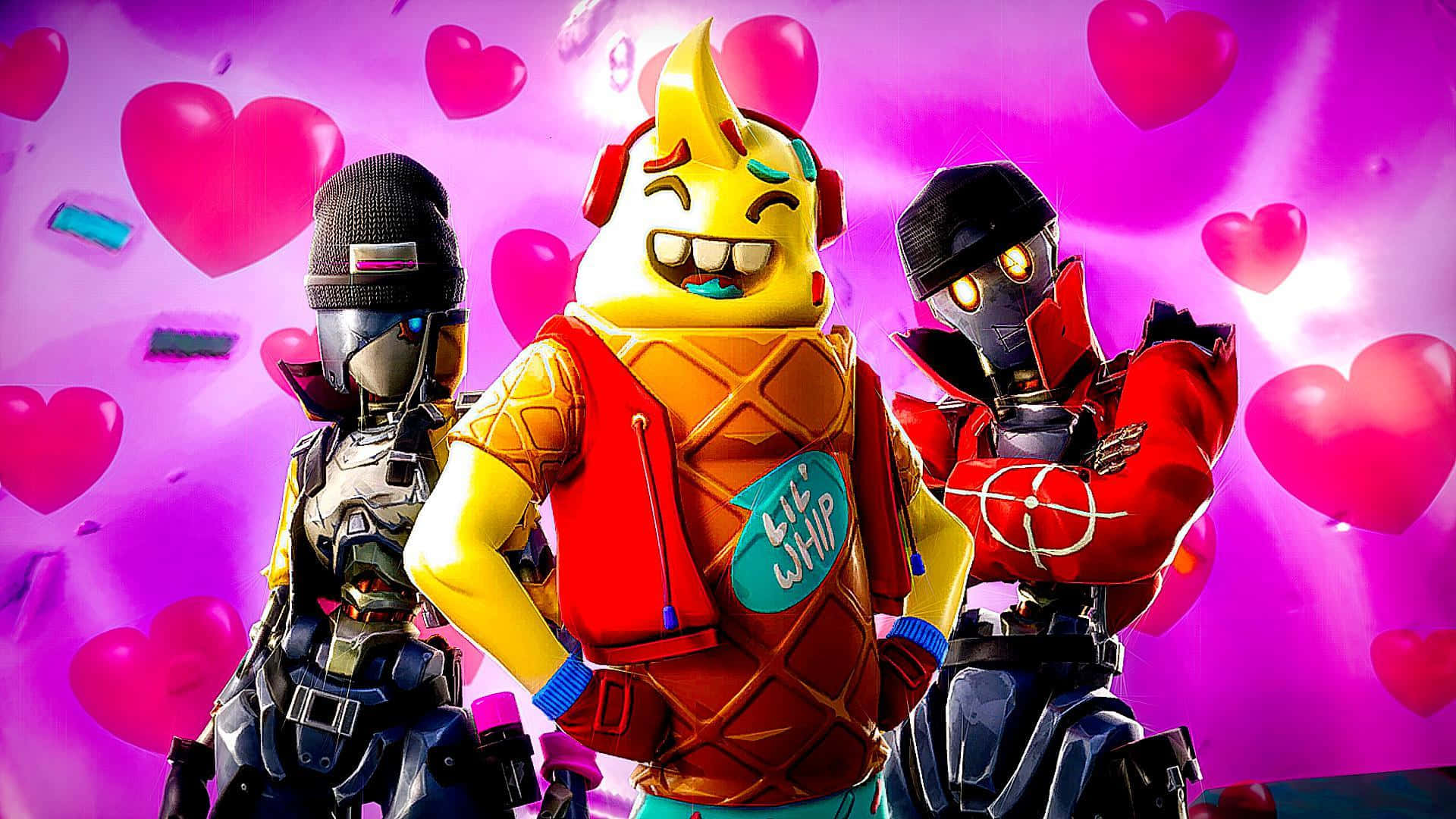 三個Fortnite角色在粉紅色背景上與漂浮心形一起慶祝。
