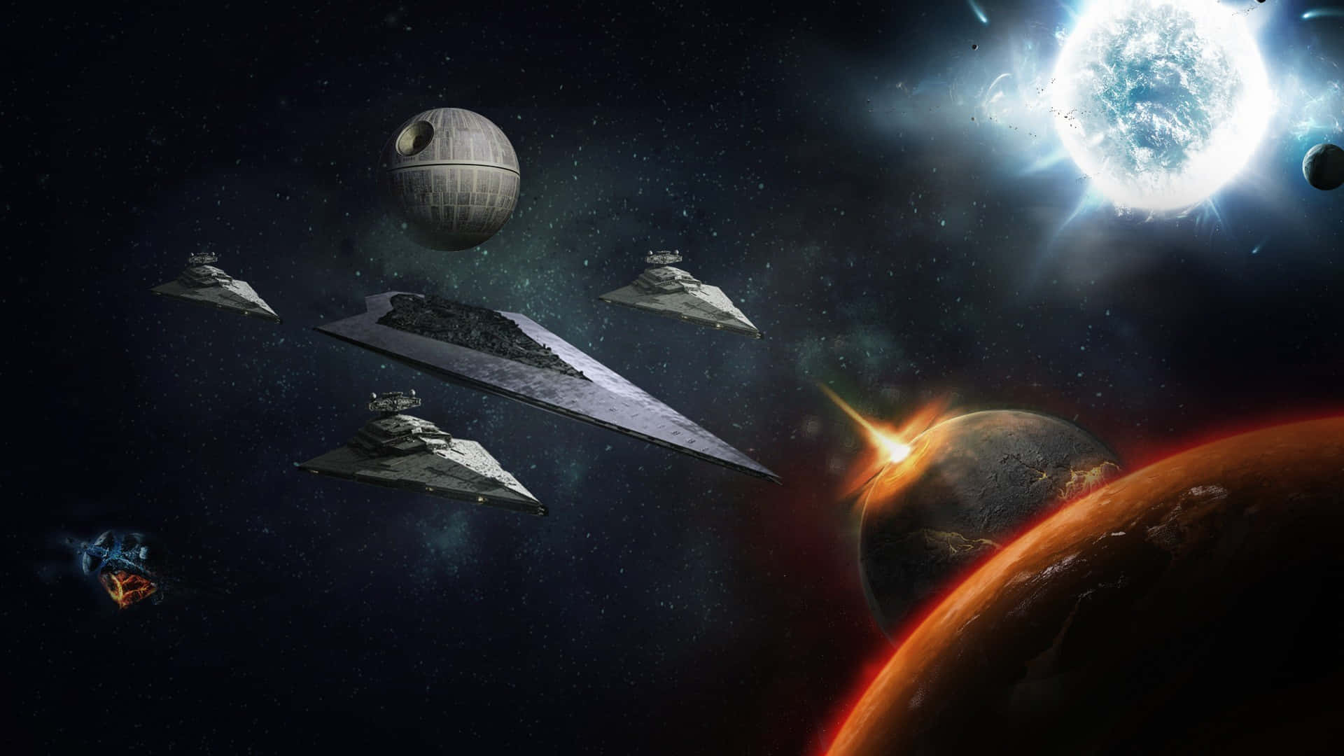 在太空中體驗星際大戰的魔法世界 壁紙 — 巨大的星際驅逐艦和死星在星光熠熠的太空中翱翔，靠近發光的行星和明亮的太陽。