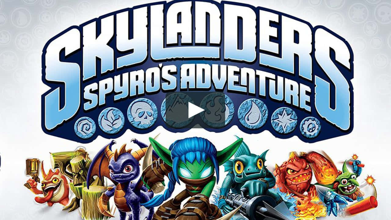 《Skylanders Spyro's Adventure》遊戲標題，下方有色彩繽紛的奇幻角色。