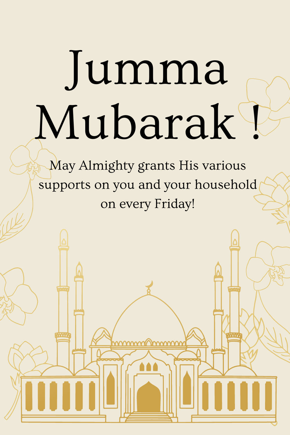 muslim 桌布 壁紙 — 在奶油色背景上，帶有花卉圖案和 Jumma Mubarak 祝福語的清真寺優雅金色線條藝術。