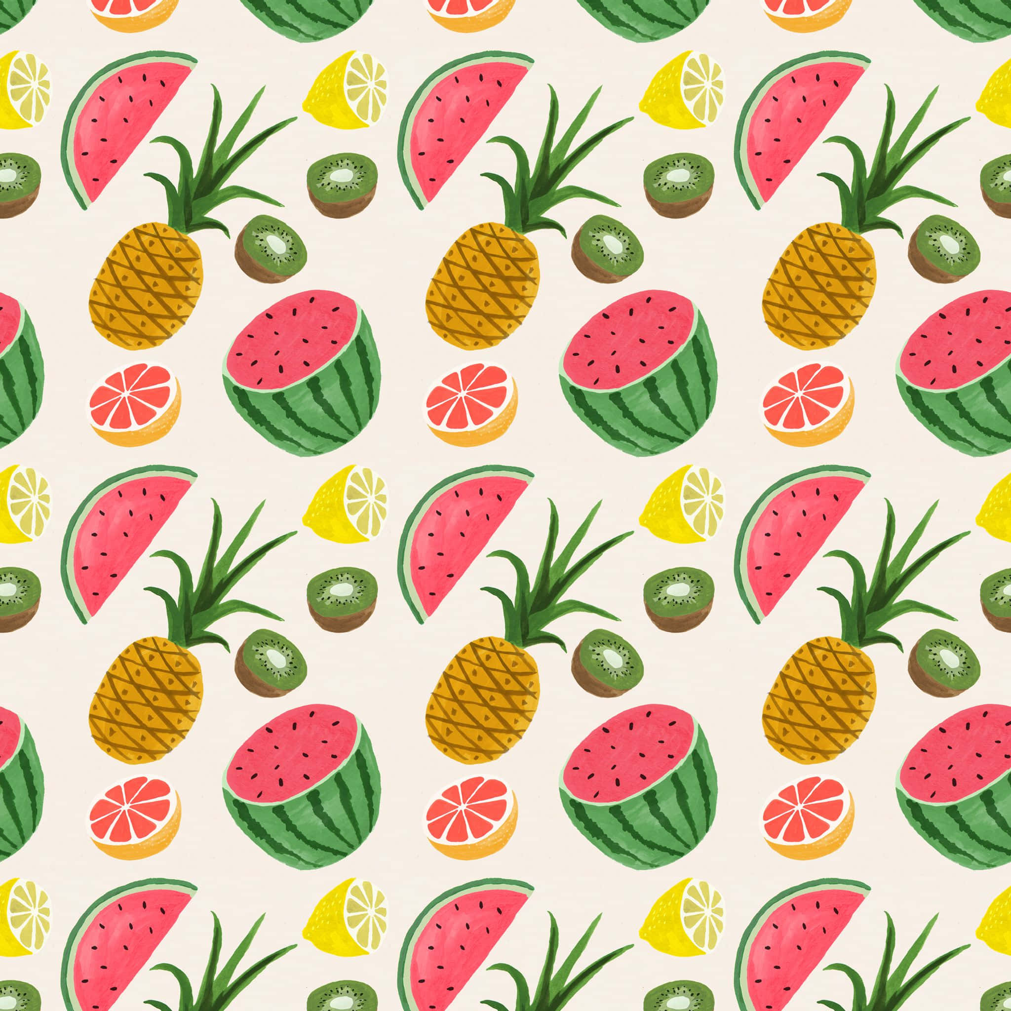 Kawaii Fruit 桌布 壁紙 — 在奶油色背景上，西瓜、菠蘿、奇異果和柑橘類水果切片組成的鮮豔重複圖案。
