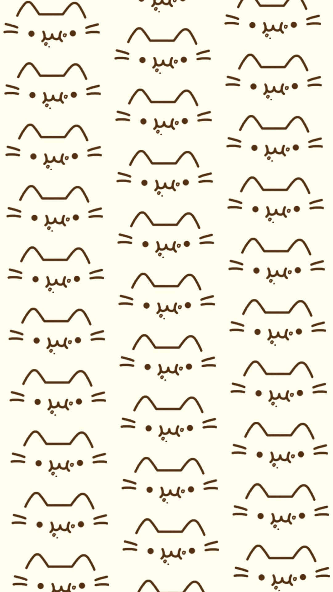 Pusheen 桌布 壁紙 — 在奶油色背景上以棕色線條重複的極簡貓臉，創造出可愛的牆紙圖案。
