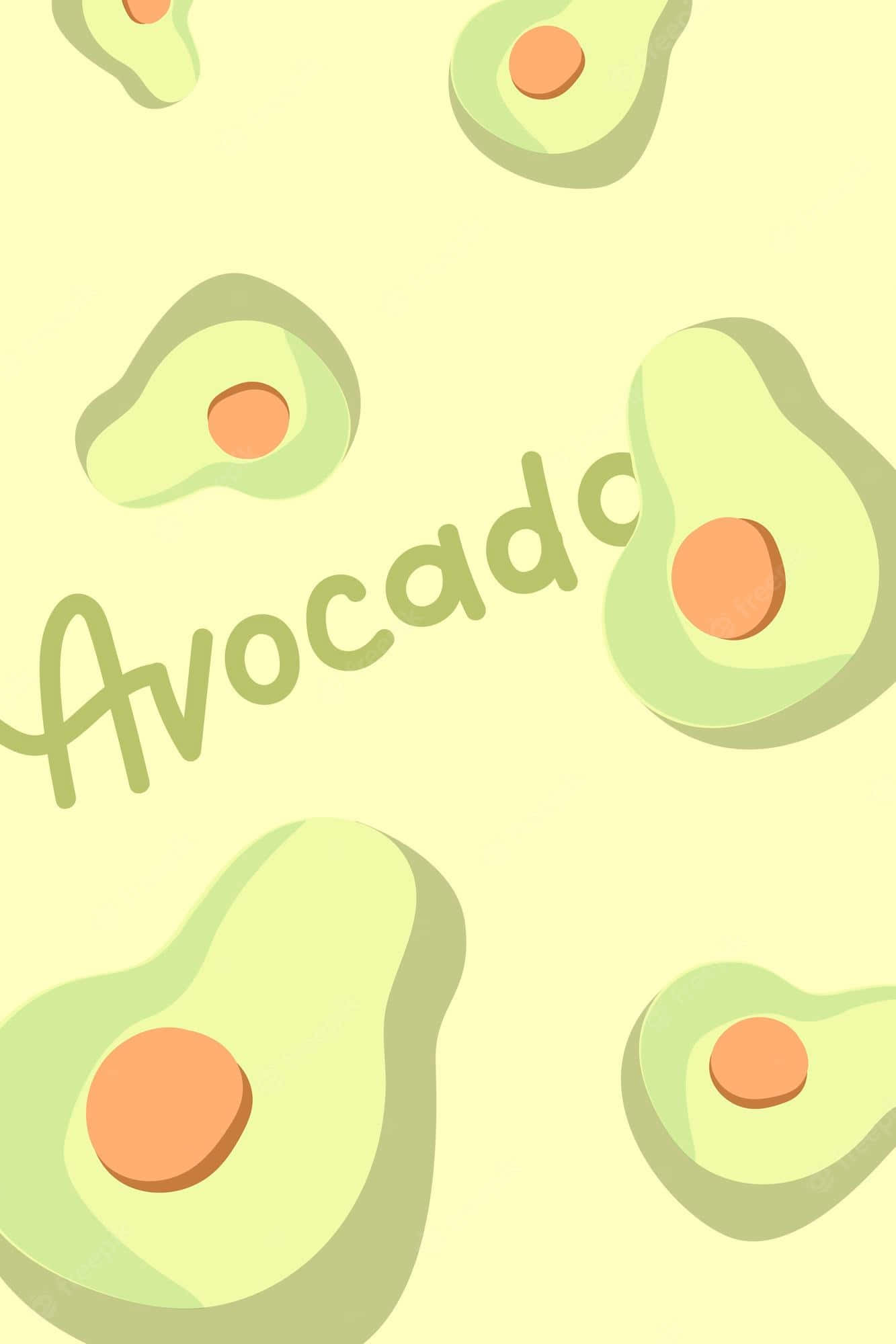 Cute Avocado 桌布 壁紙 — 在奶油黃色背景上，帶有橙色果核的切片牛油果的柔和綠色圖案。