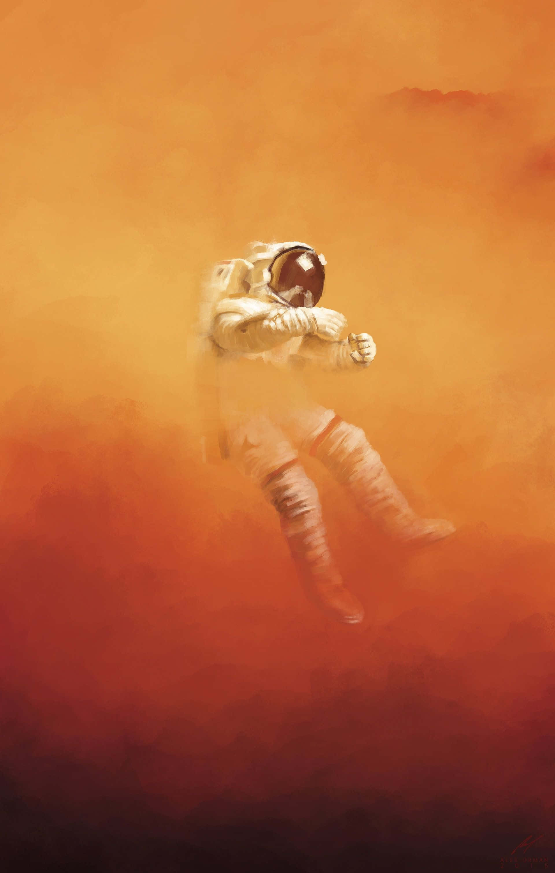 The Martian 桌布 壁紙 — 在如畫的數位藝術作品中，一名太空人無重狀態漂浮在橙紅漸變的天空前。