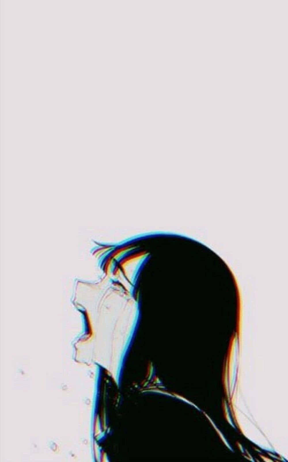 在孤寂的橋上，悲傷淹沒了心靈 壁紙 — 長黑髮的動漫女孩在帶有色彩像差效果的淡色背景前側面尖叫。