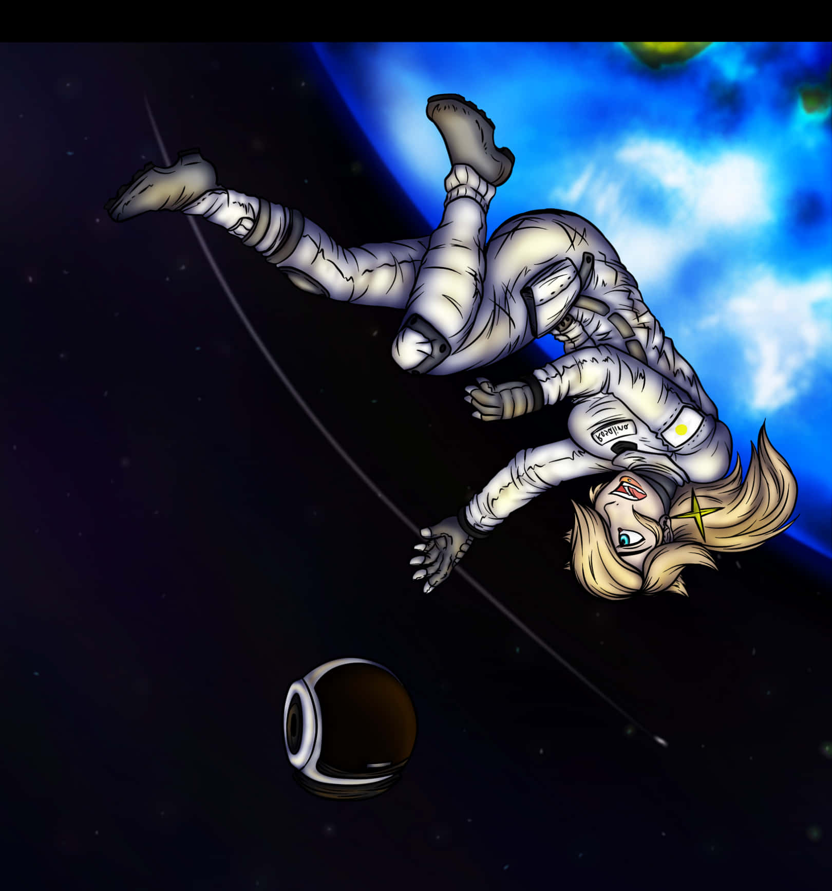 金髮動漫太空人在太空中漂浮，脫落的頭盔靠近藍色星雲。
