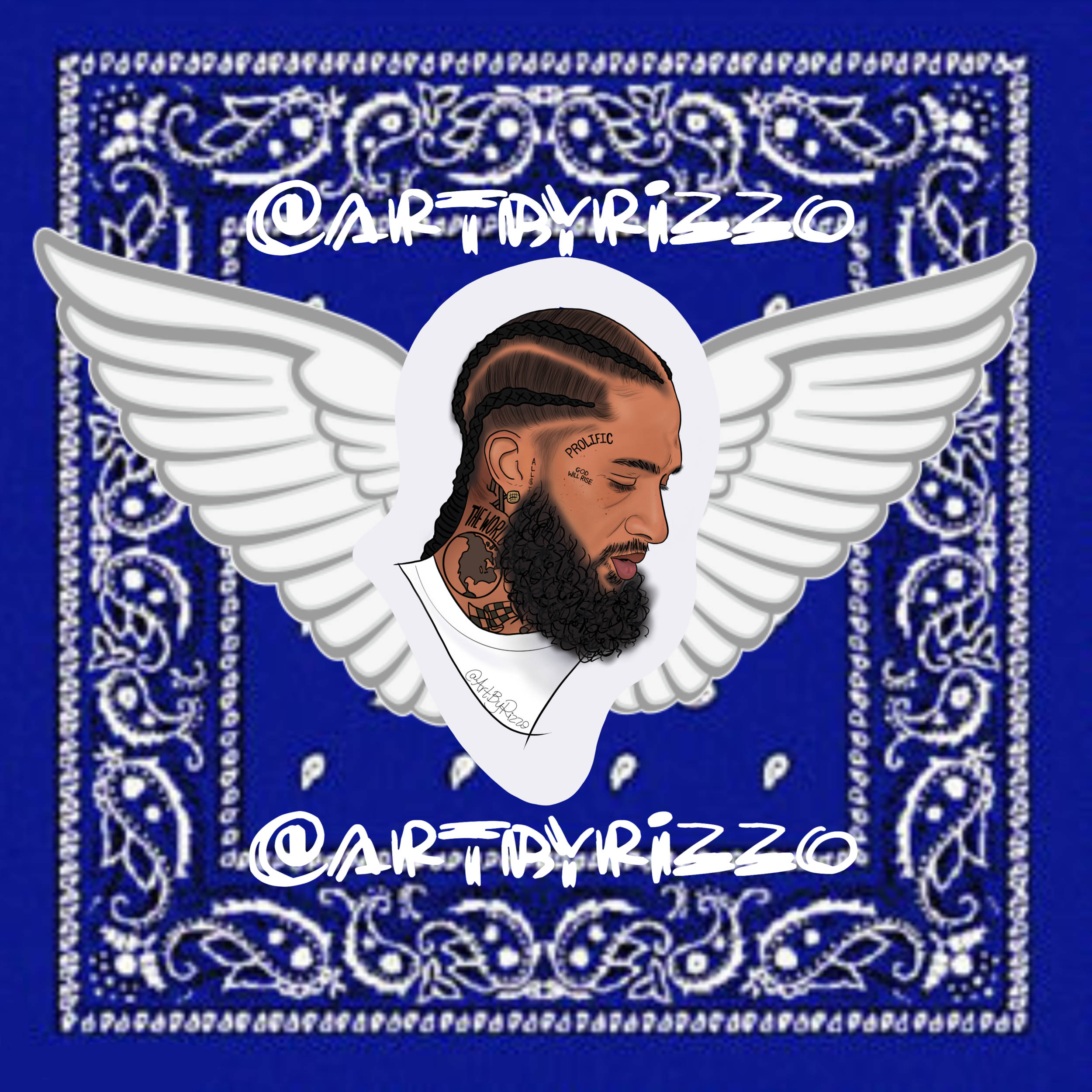 在宇宙背景前展現靈魂的 Nipsey Hussle 壁紙 — 一個鬍鬚男有翅膀和紋身的風格化插圖，背景是藍色頭巾圖案。