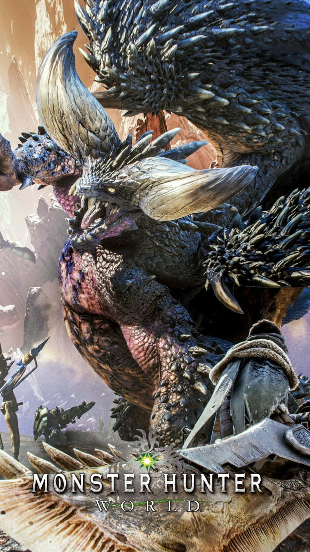 《魔物獵人 世界》遊戲封面， featuring 巨型怪物和獵人的戰鬥。