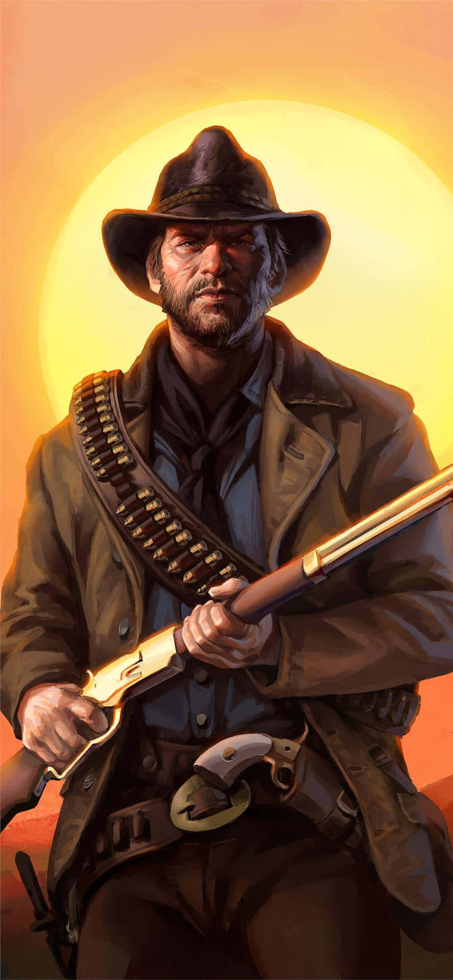 在安卓上體驗狂野西部冒險：Red Dead Redemption 2 壁紙 — 一個嚴肅的牛仔，手持步槍和子彈帶，站在燦爛的日落背景下。