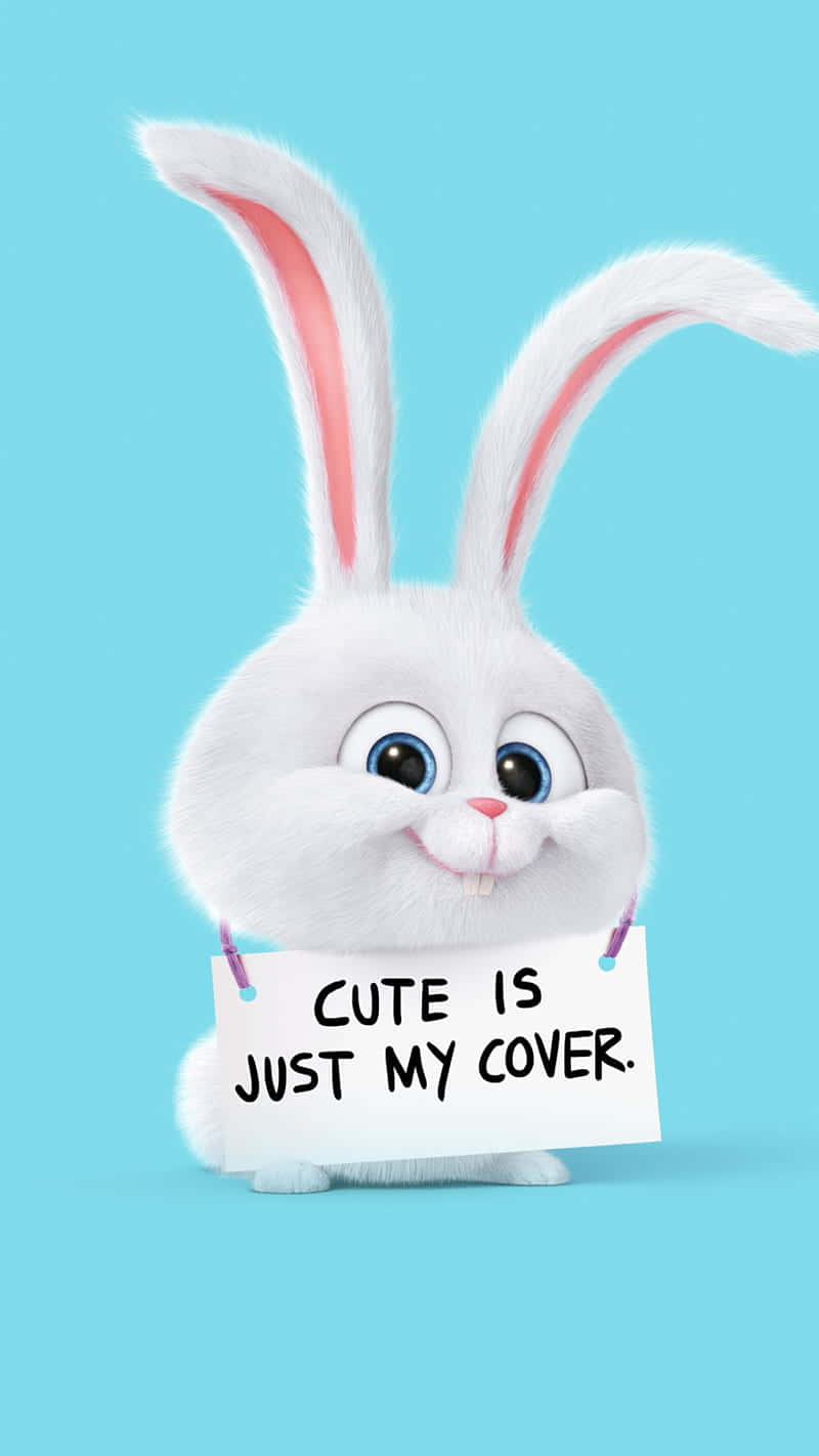 一隻卡通兔子舉著一個寫有「Cute is just my cover」的牌子。