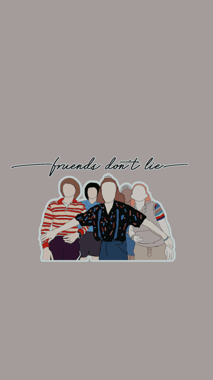 五位沒有面孔的插圖朋友穿著90年代服裝，帶有文字「friends don't lie」