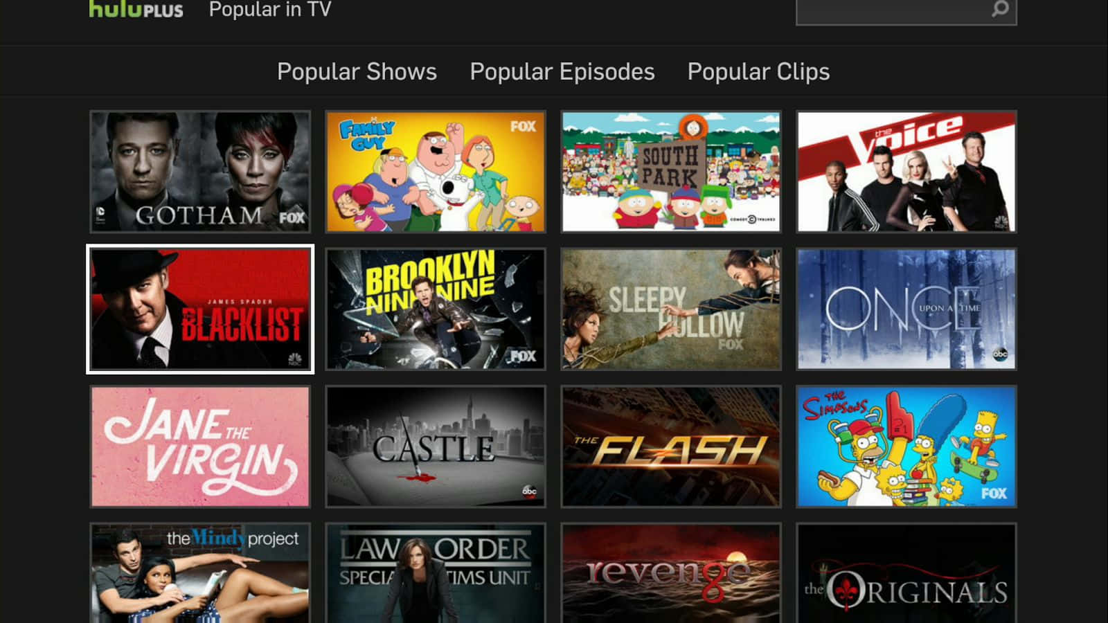 Hulu Plus 電視節目縮圖網格，標題包括《葛咸城》和《阿森一族》。