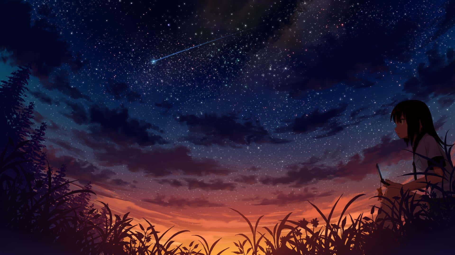 動漫女孩在帶有紫色和橙色雲彩的暮色天空中觀看流星。