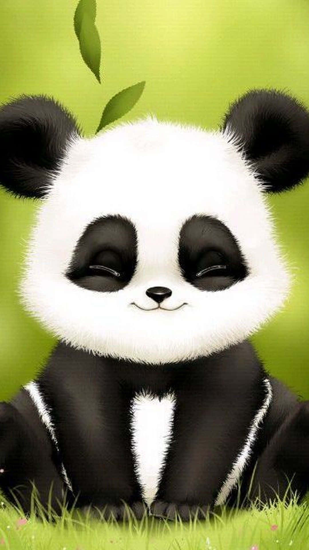 在家享受悠閒時光 壁紙 — 一隻可愛的卡通熊貓閉著眼睛坐在草地上，周圍有綠葉飄落。