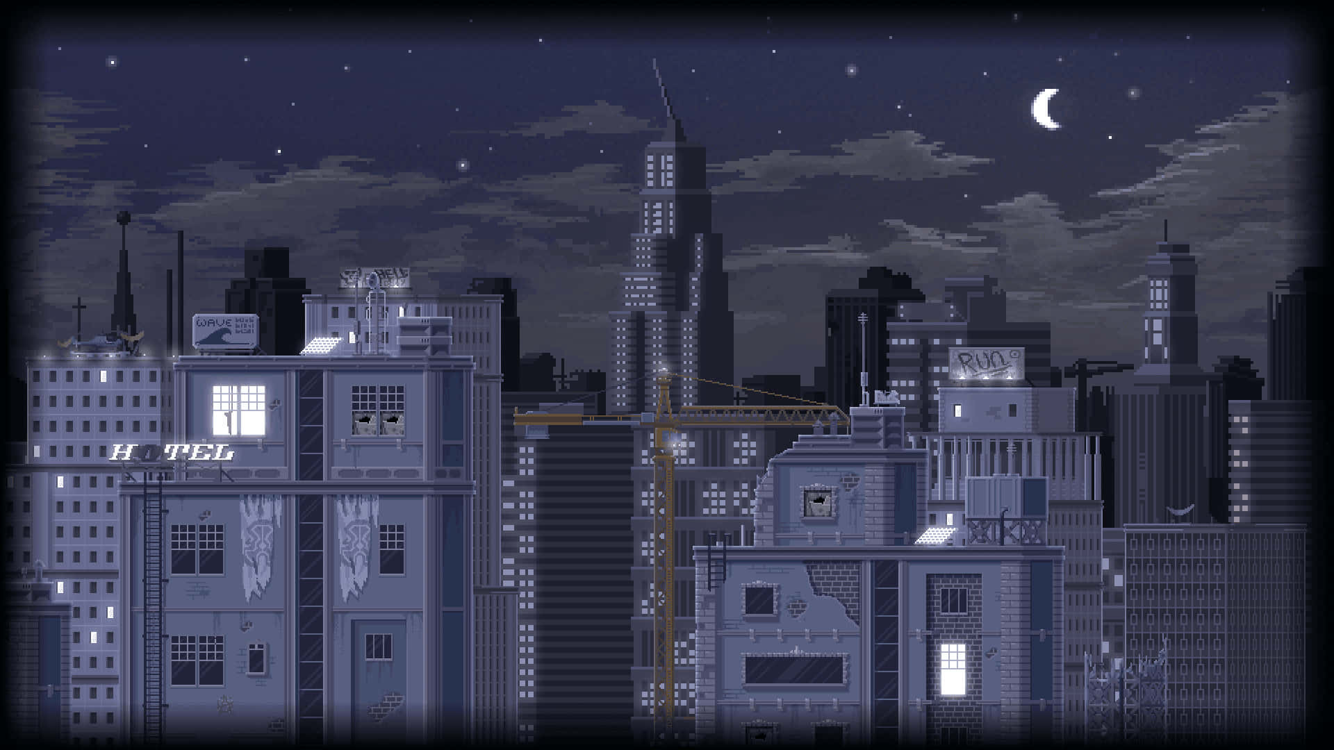 像素化城市夜景，明亮的窗戶和新月。