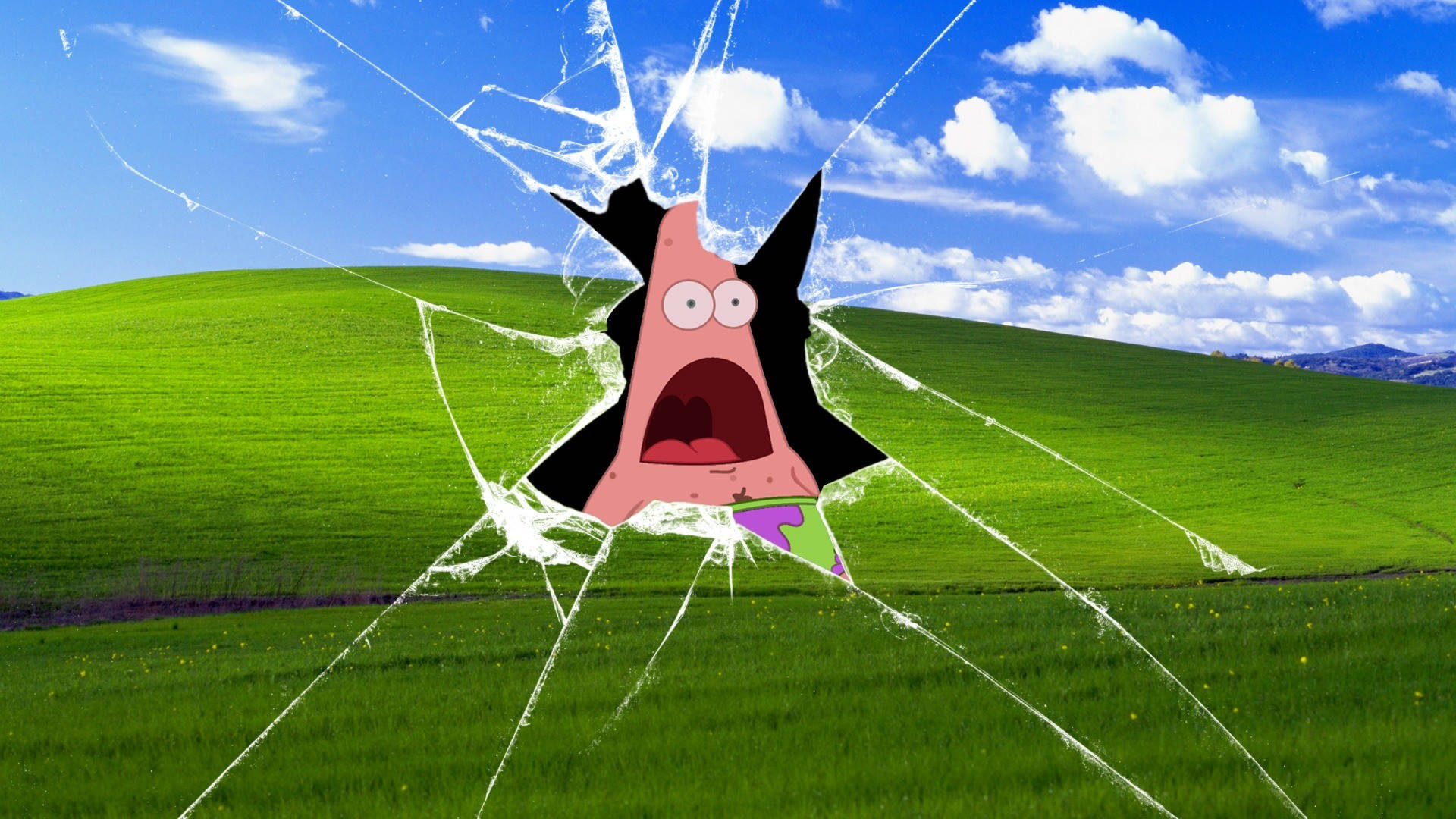 Patrick Star 在綠色田野上穿過破裂的螢幕。