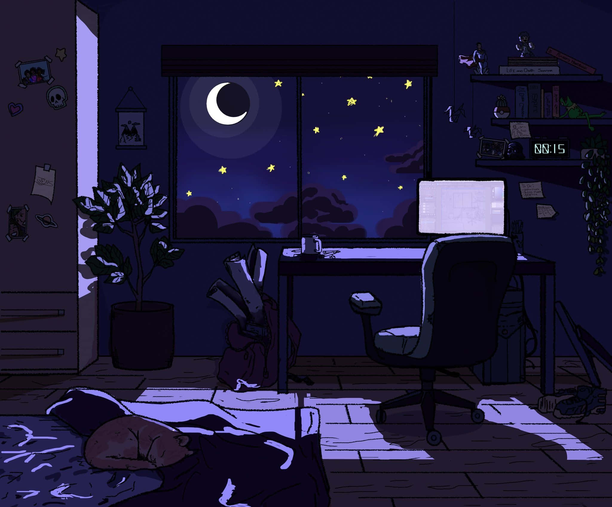在家舒適觀賞動畫的愜意夜晚 壁紙 — 一個人在夜間昏暗的房間地板上睡覺，透過窗戶可以看到新月和星星。