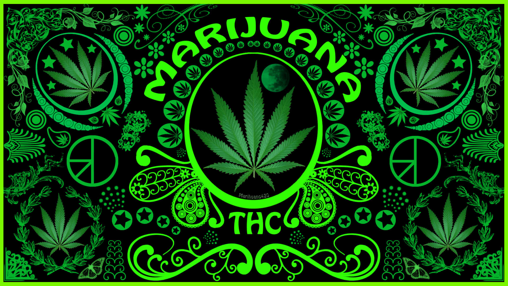 迷幻綠色大麻葉與和平符號壁紙設計。