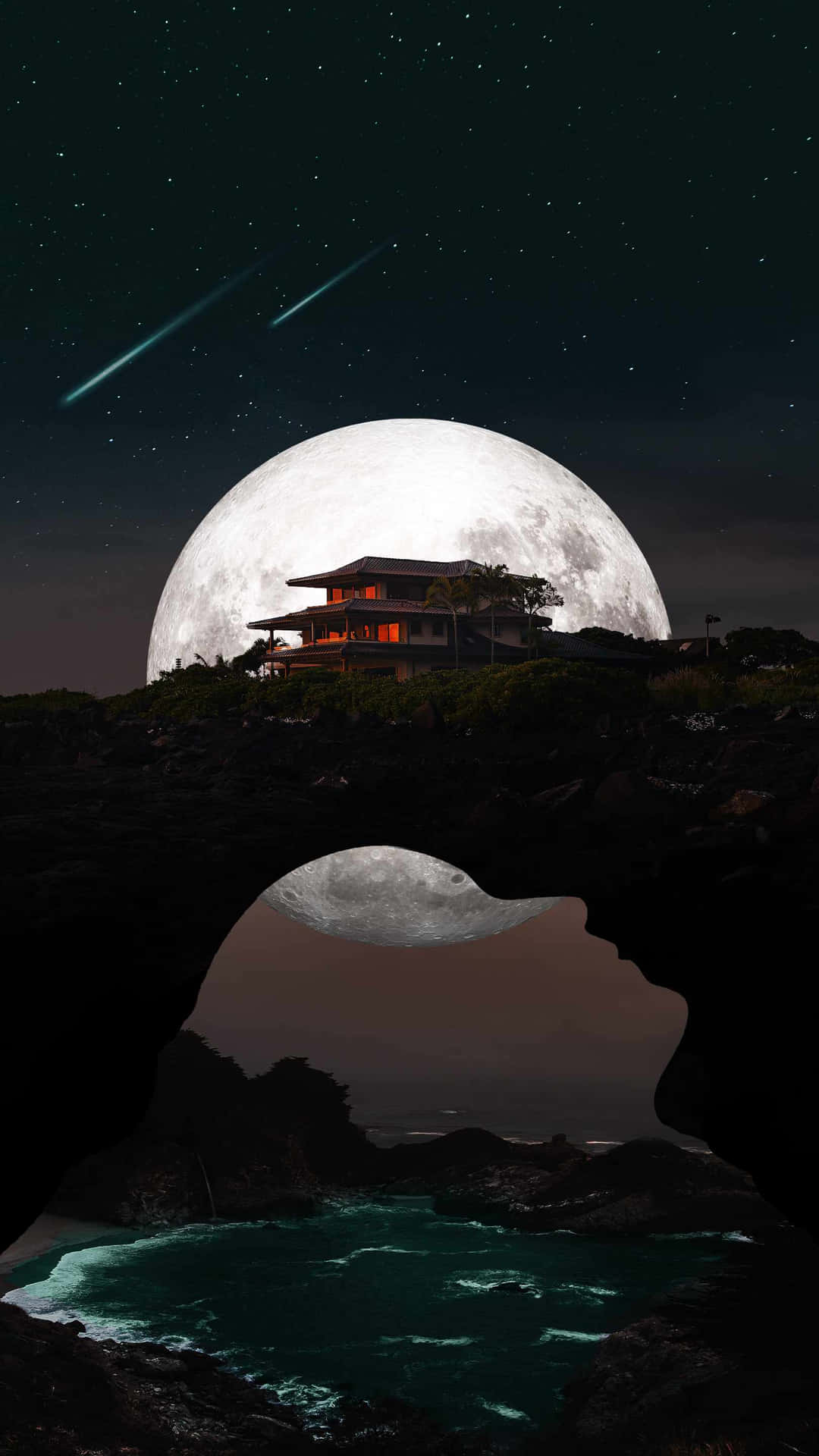 懸崖上發光的房子，巨大的月亮和流星。