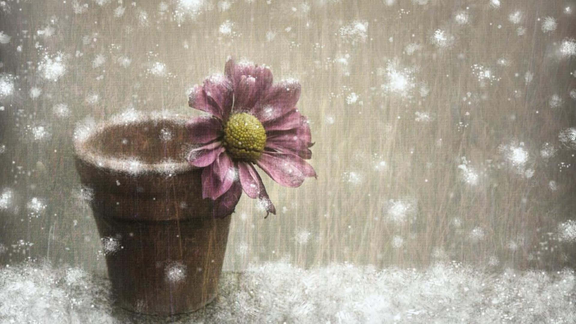 Winter Flowers 桌布 壁紙 — 在寧靜的冬日場景中，一個陶盆中的單朵紫色花朵堅韌地抵抗著飄落的雪花。