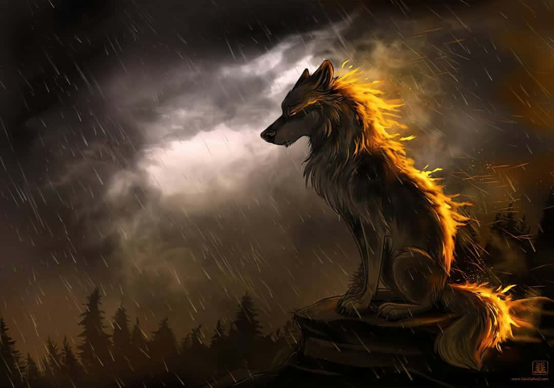 一隻毛髮發光的狼在森林的雨中暴風雨中坐在岩石上。