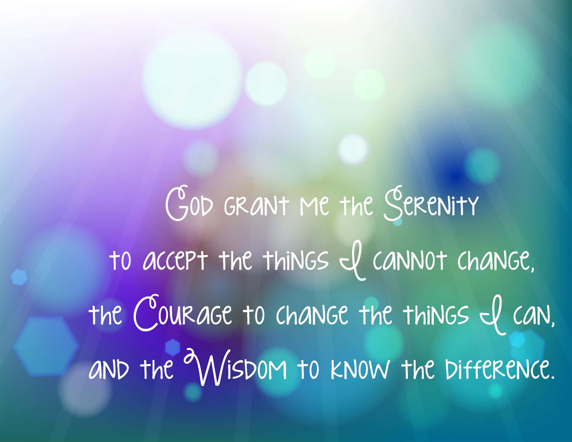 Serenity courage wisdom 名言，在漸變背景上帶有發光的散景燈光