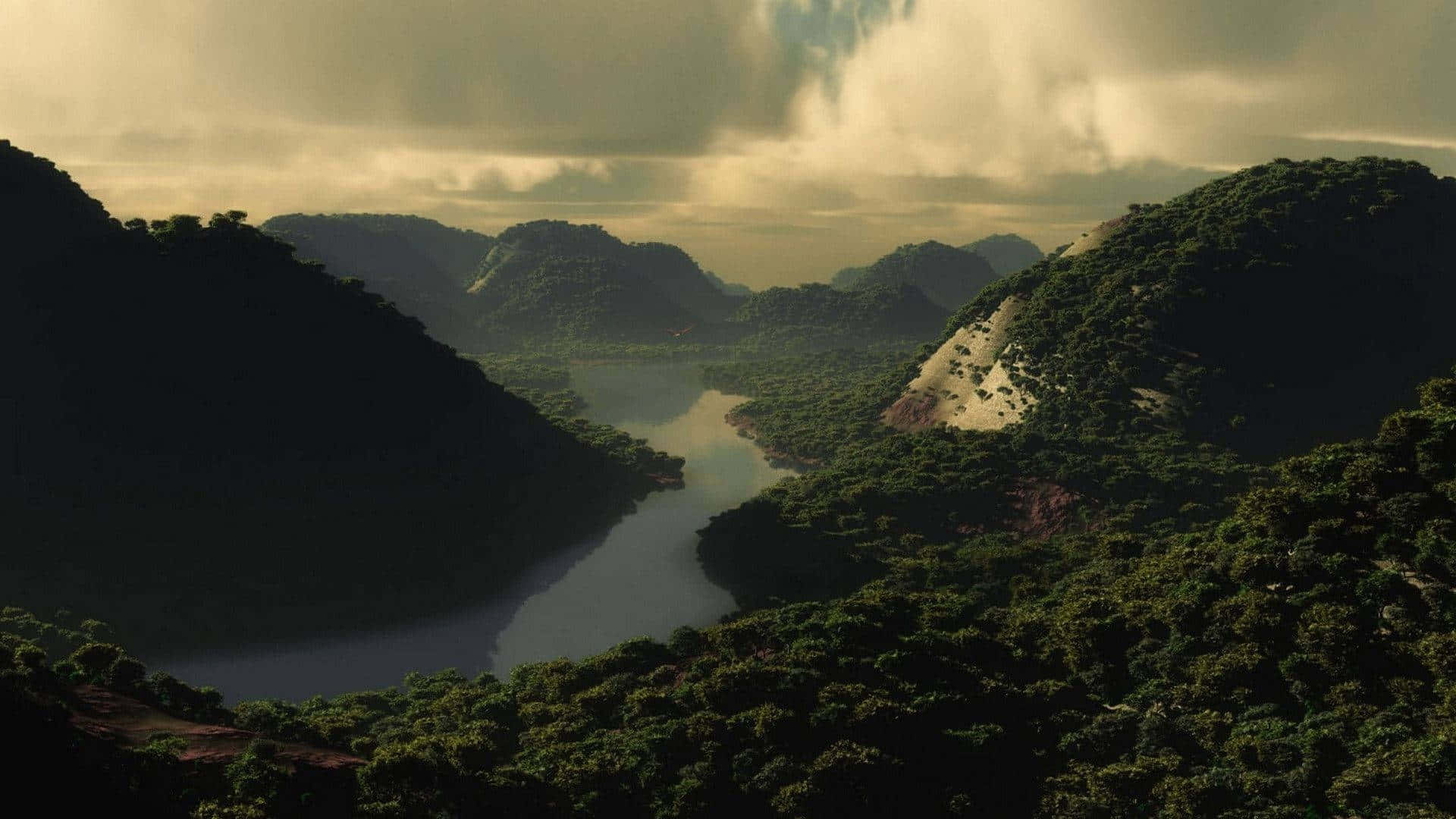 在陰天之下，一條河流流經森林覆蓋的山脈。