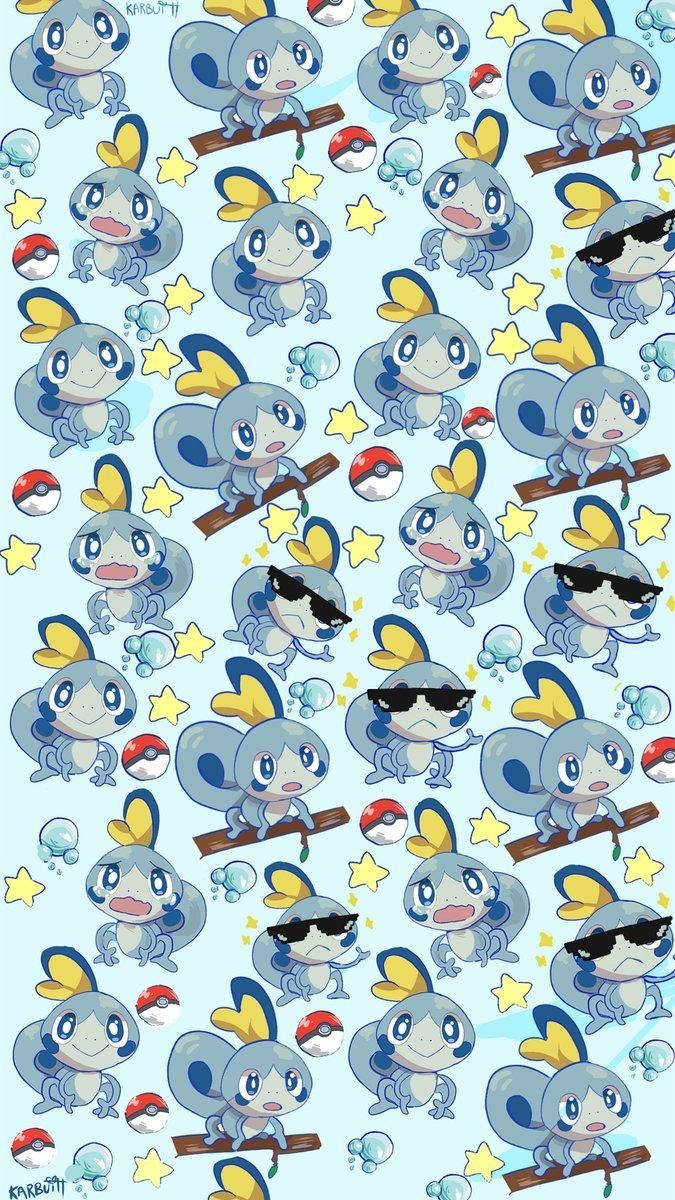 可愛的 Froakie 寶可夢角色戴著太陽眼鏡在棍棒上，配有星星和精靈球。