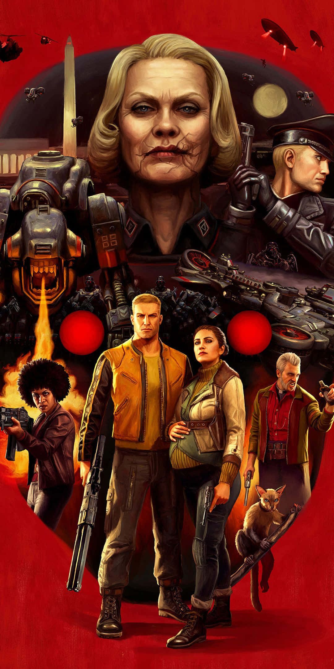 在尖端 Google Pixel 3 上體驗《Wolfenstein II：新巨像》的極致遊戲 壁紙 — 一幅戲劇性的科幻插圖，以一位金髮女子為中心，帶有賽博強化，周圍是武裝角色和未來武器，背景是火紅色的。