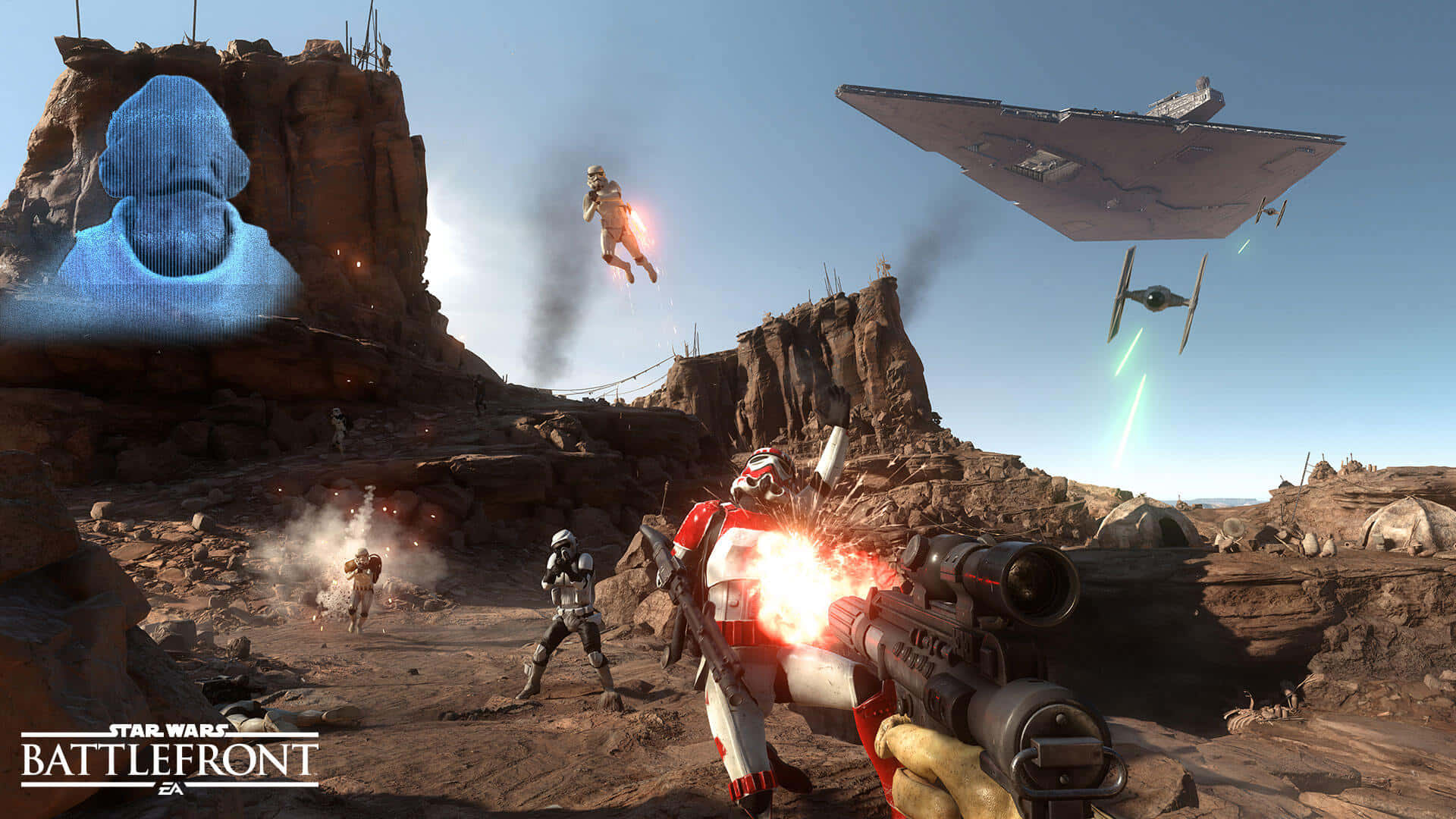 Jakku 桌布 壁紙 — 在岩石沙漠星球上進行的第一人稱射擊戰鬥，風暴兵發射爆能槍，星際戰鬥機在頭頂飛過。