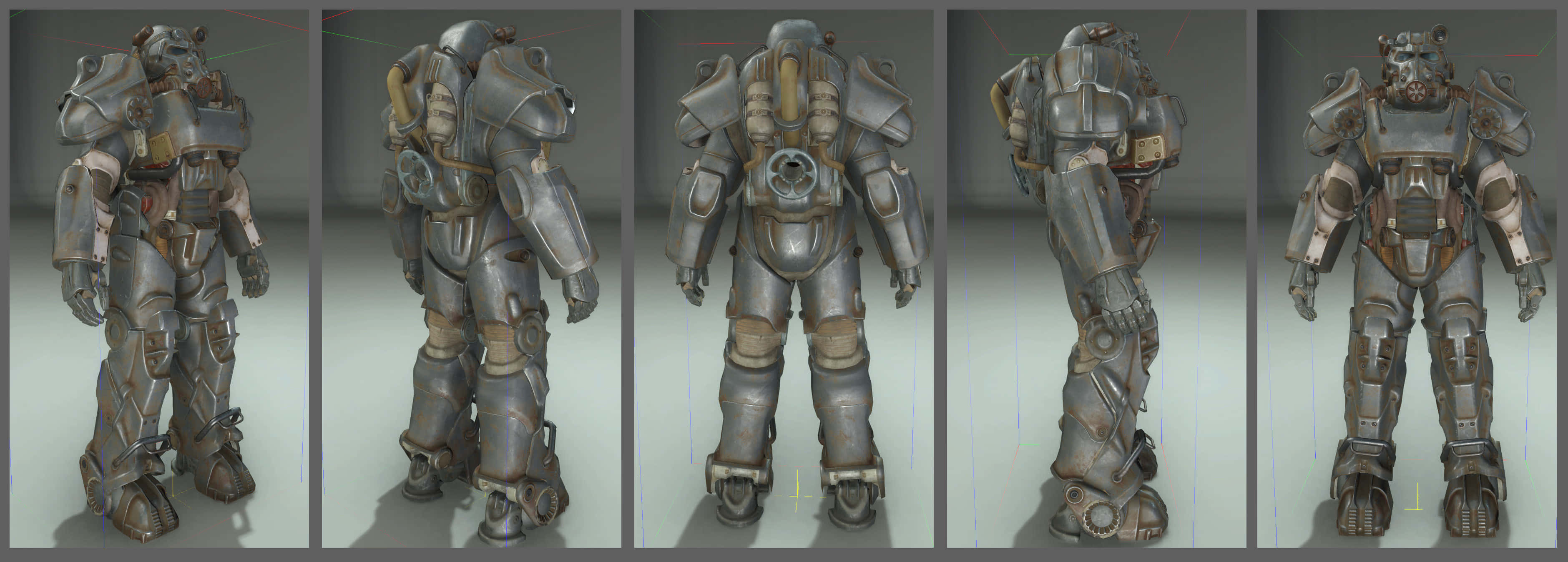 Fallout 4 Power Armor 桌布 壁紙 — 在工作室環境中展示的五個詳細未來動力裝甲套裝視圖。