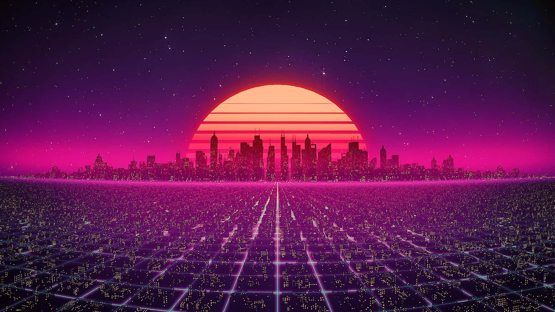 星空 桌布 壁紙 — 在巨大的條紋日落下，發光的網格線向地平線延伸的復古未來主義城市景觀。