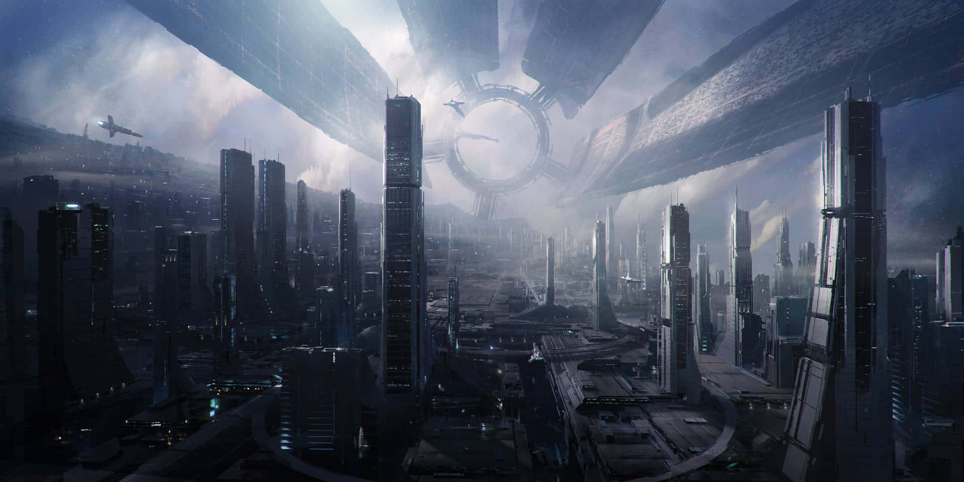Mass Effect 2 桌布 壁紙 — 在巨大的環形太空站下，未來主義的城市景觀，有飛行車輛和摩天大樓，在暮色中。