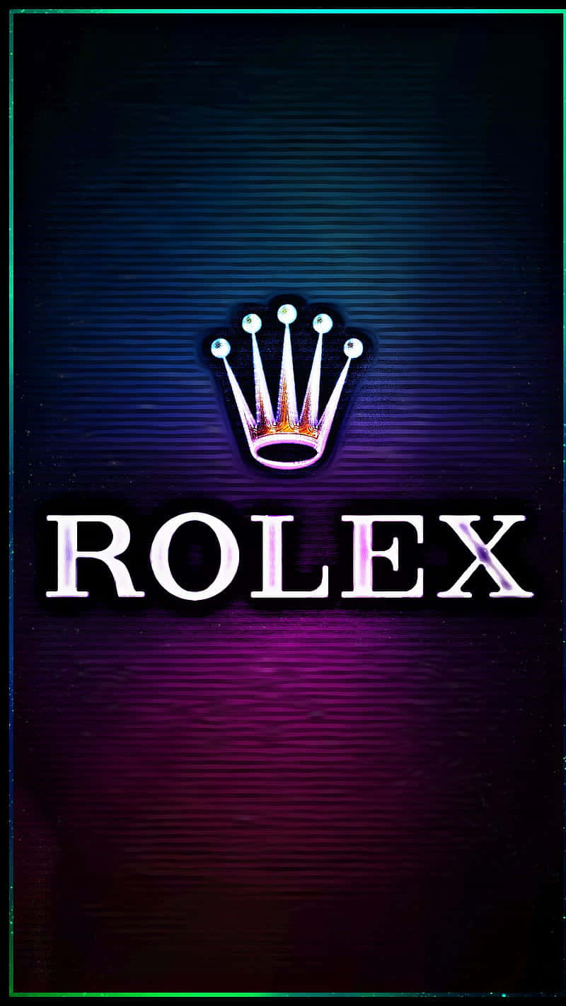 Rolex 桌布 壁紙 — 在帶有微妙水平線的深色漸變背景上，發光的勞力士皇冠標誌和品牌名稱以霓虹燈照亮。