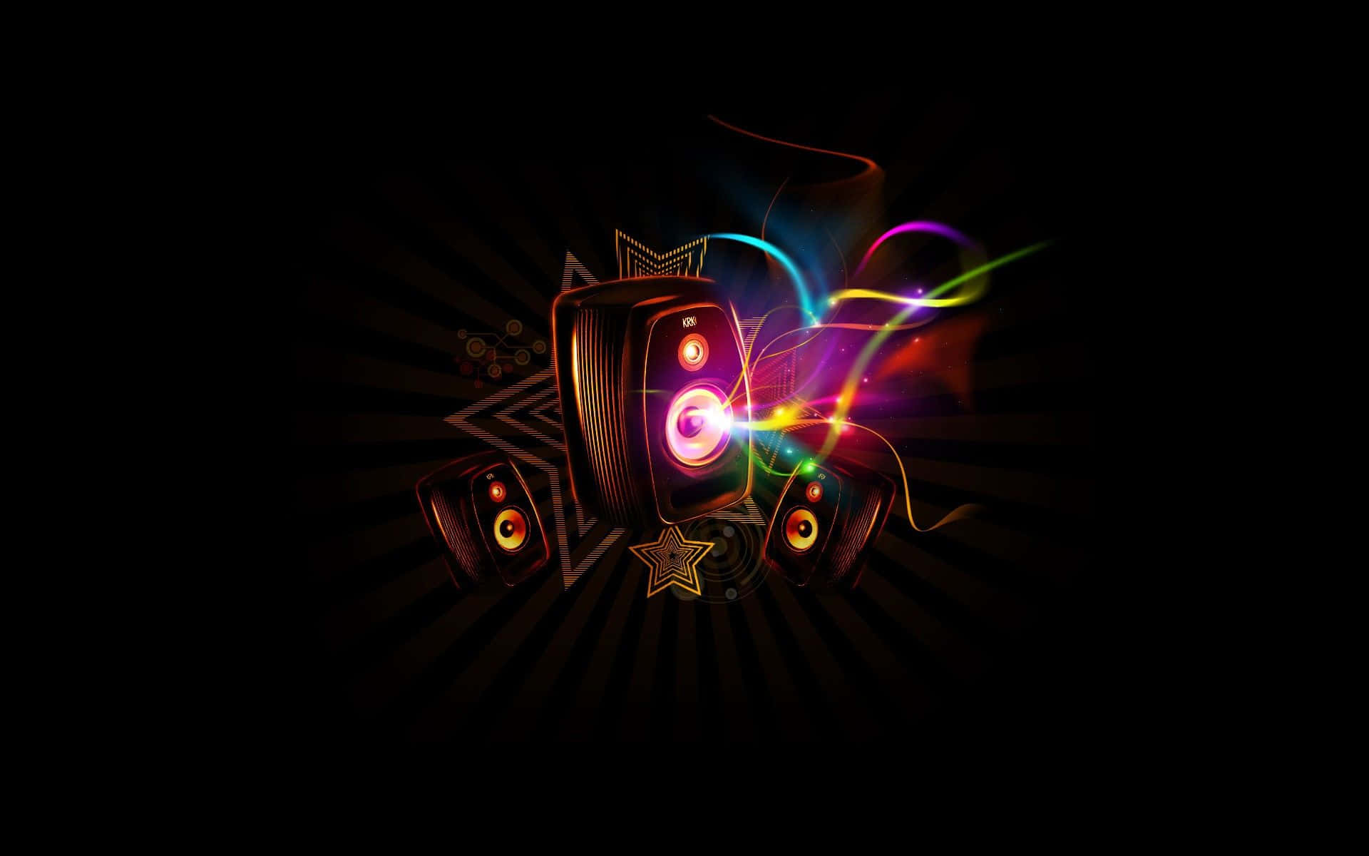 Musical 桌布 壁紙 — 在帶有星星圖案的深色放射狀背景上，發光的揚聲器迸發出充滿活力的霓虹能量。