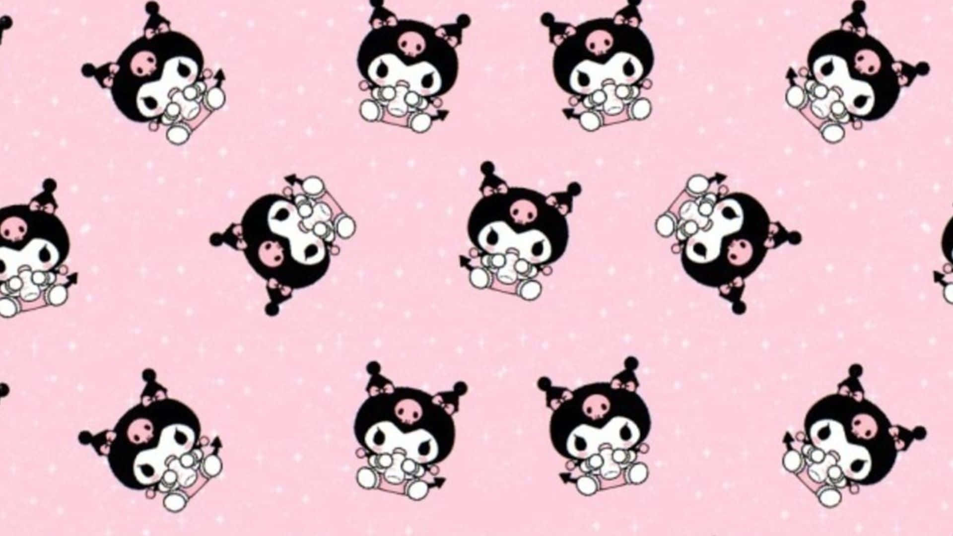 Kuromi Pattern 桌布 壁紙 — 在帶有白色圓點的柔和粉紅色背景上，可愛的黑白Kuromi角色重複圖案，手持粉紅色心形。
