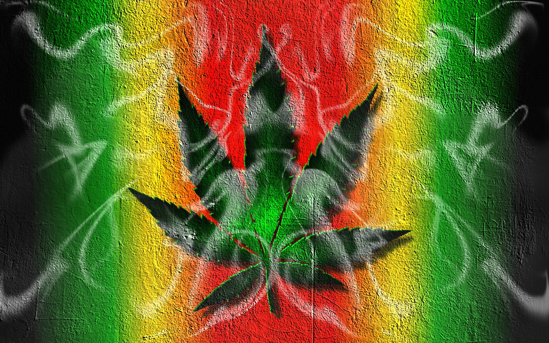 大麻 桌布 壁紙 — 在帶有白色塗鴉漩渦的紋理牆壁上，用紅色、黃色和綠色繪製的充滿活力的大麻葉。