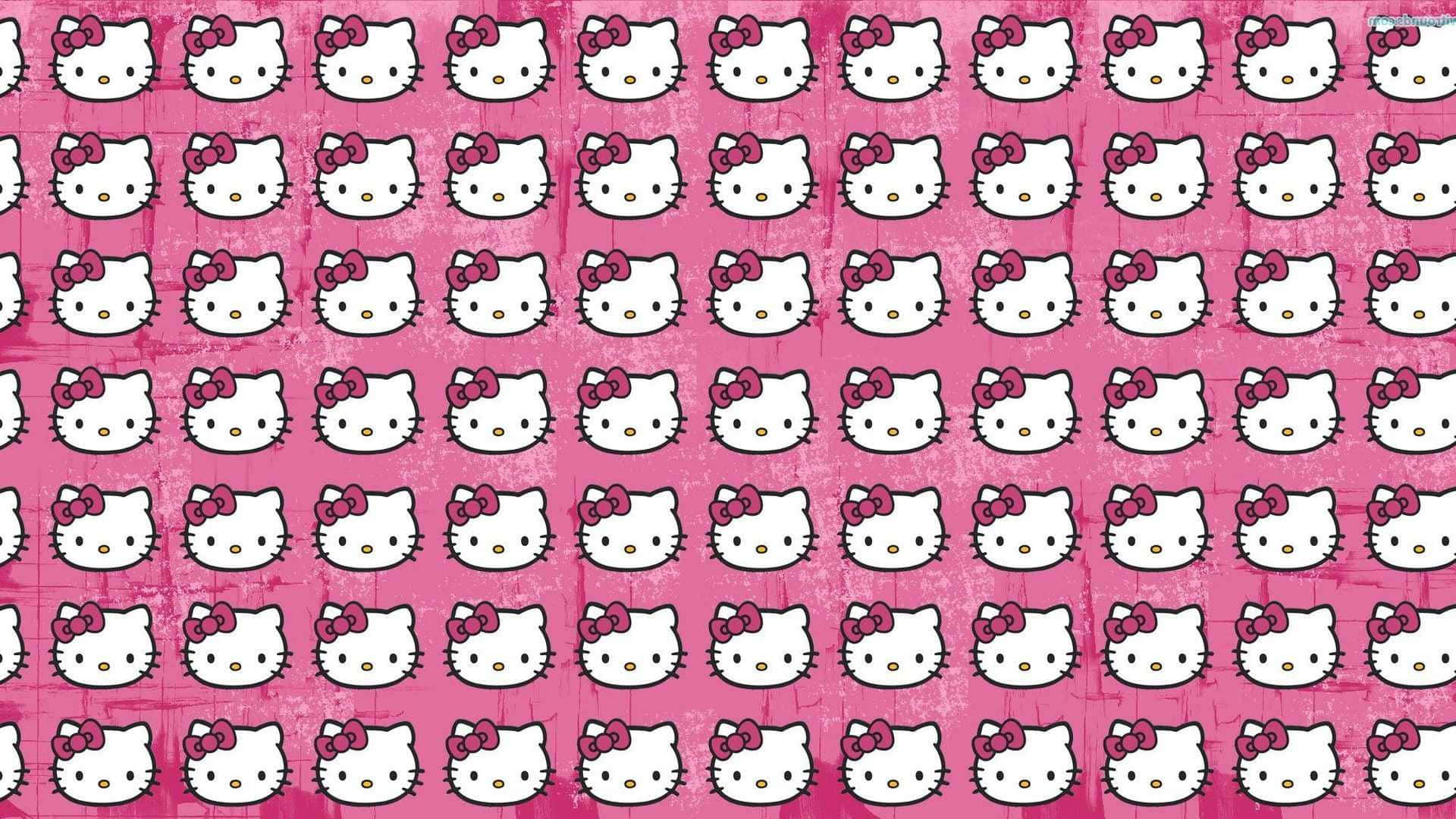 Kitty White 桌布 壁紙 — 在帶有紋理的粉紅色背景上，重複出現白色 Hello Kitty 臉孔和粉紅色蝴蝶結。