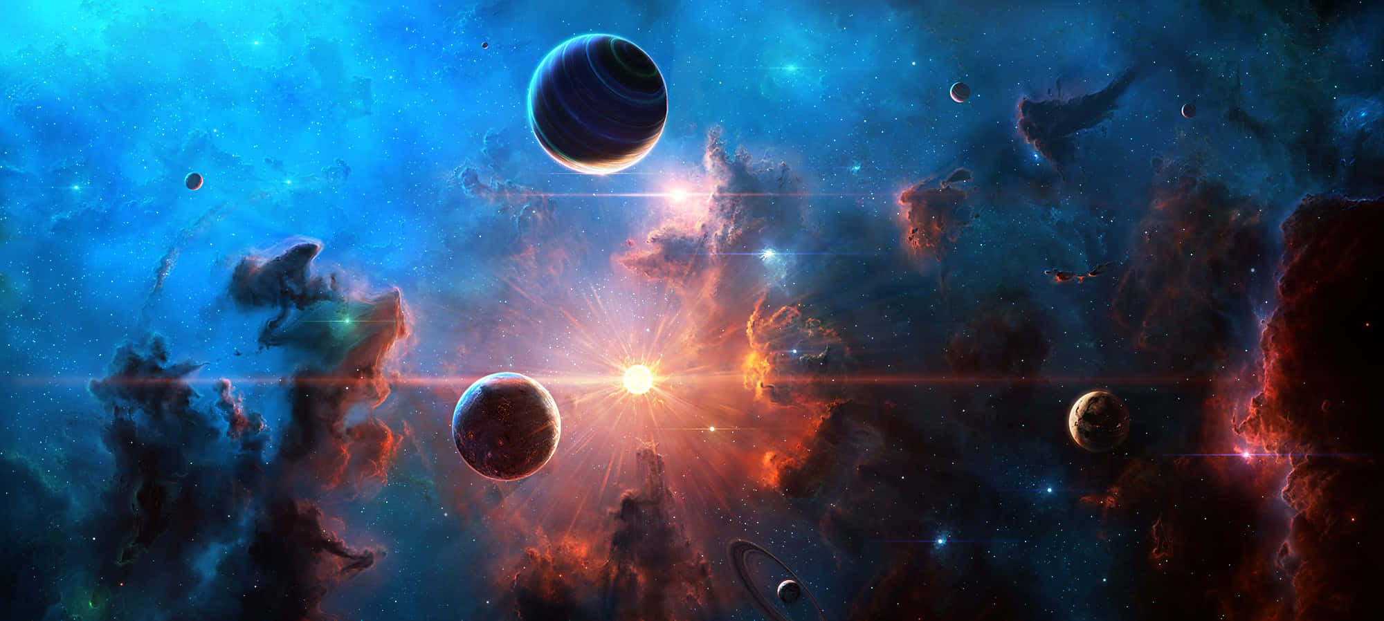 一個宇宙場景，發光的星雲和行星圍繞一顆輻射性的恆星運行。