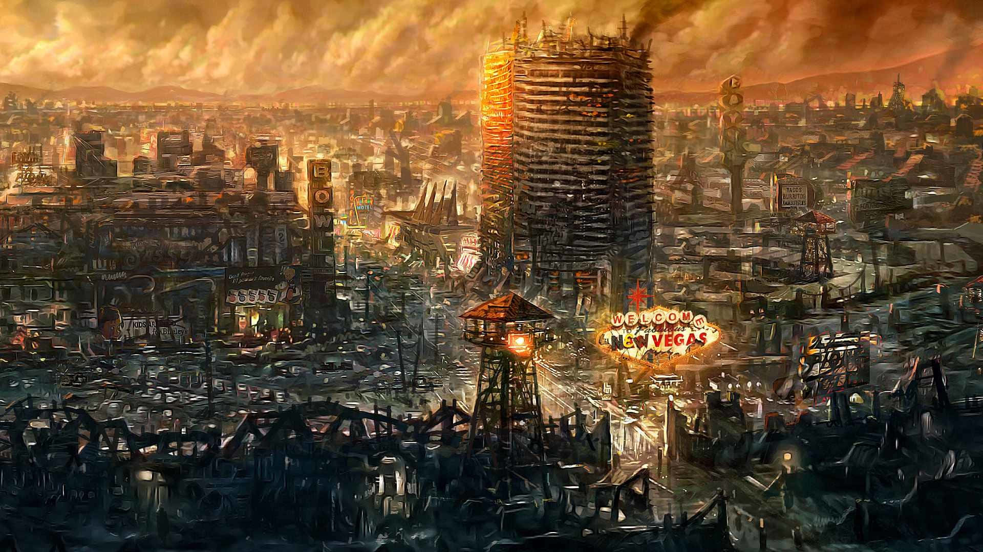 Fallout 4 Wasteland 桌布 壁紙 — 在廢墟中，一座高聳且搖搖欲墜的賭場和發光的「Welcome to Vegas」標誌，構成日落時分反烏托邦的拉斯維加斯天際線。