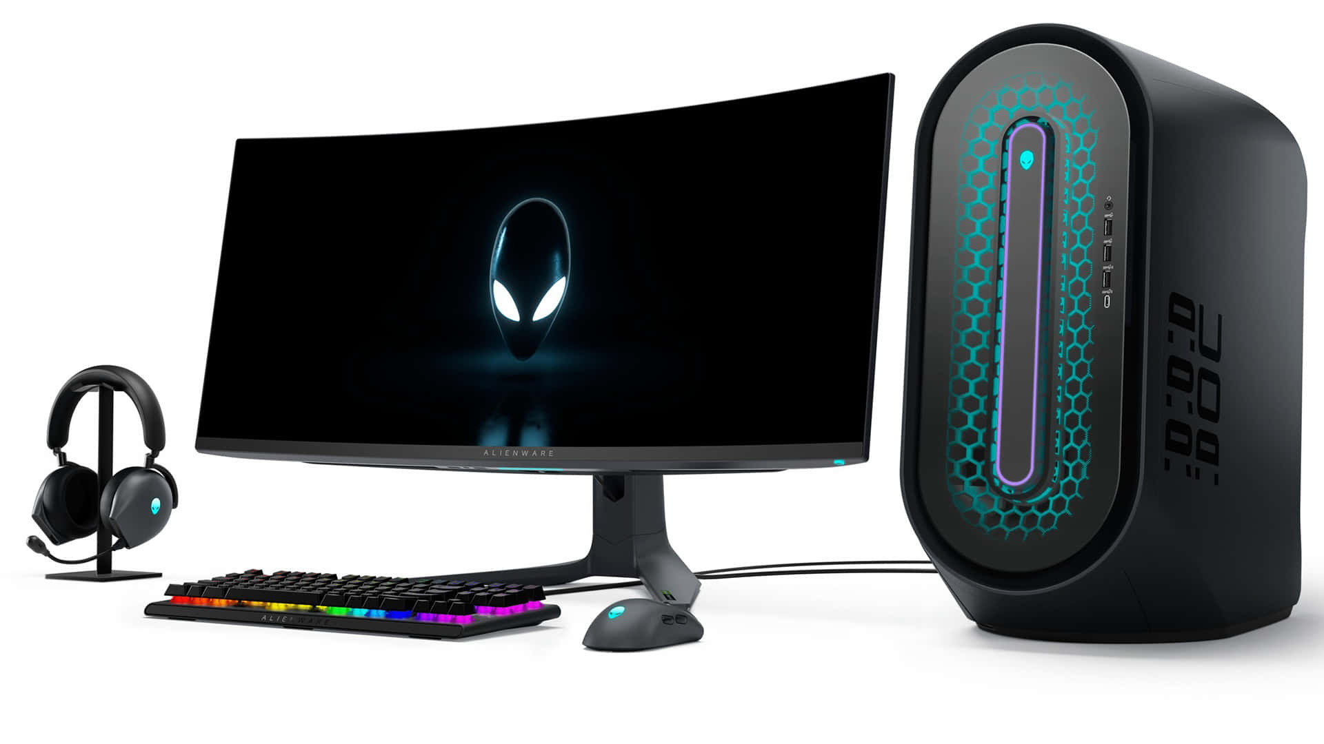 Alienware 遊戲桌上型電腦，配備曲面顯示器、RGB 鍵盤和發光塔式機箱。