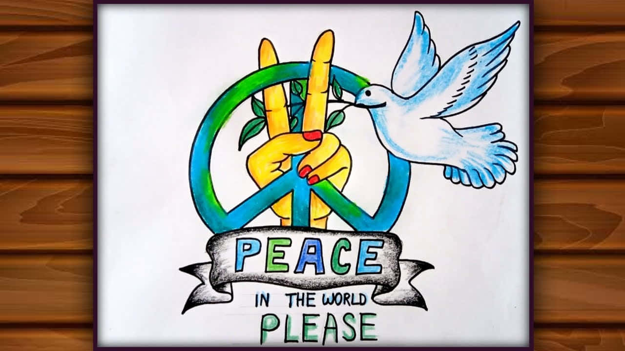 木牆上帶有鴿子和橄欖枝的和平標誌，橫幅上寫著 peace in the world please