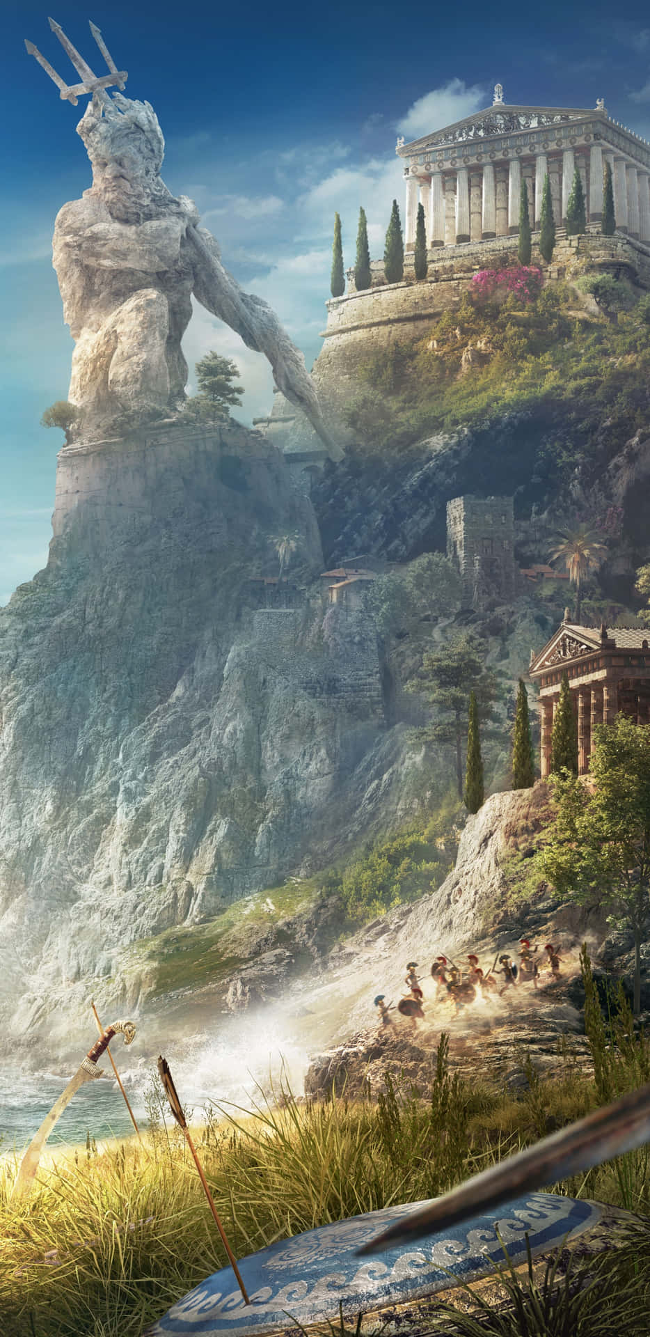 古希臘神廟和波塞冬雕像在俯瞰大海的懸崖上。