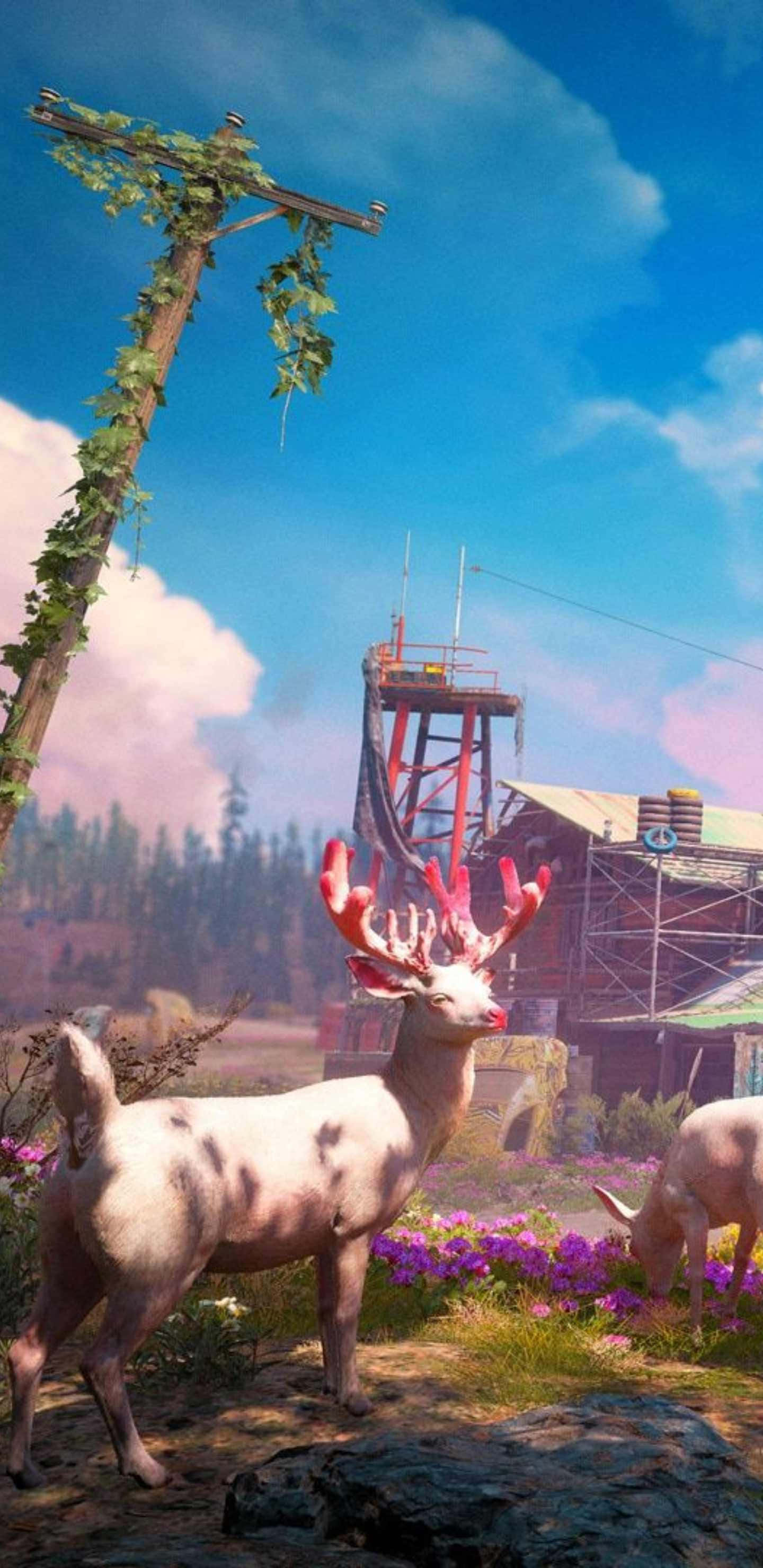 在您的 Android 設備上玩《Far Cry New Dawn》 壁紙 — 一幀超現實場景：在明亮的藍天下，一頭紅角鹿在破舊的塔樓和雜草叢生的電線杆附近吃草。