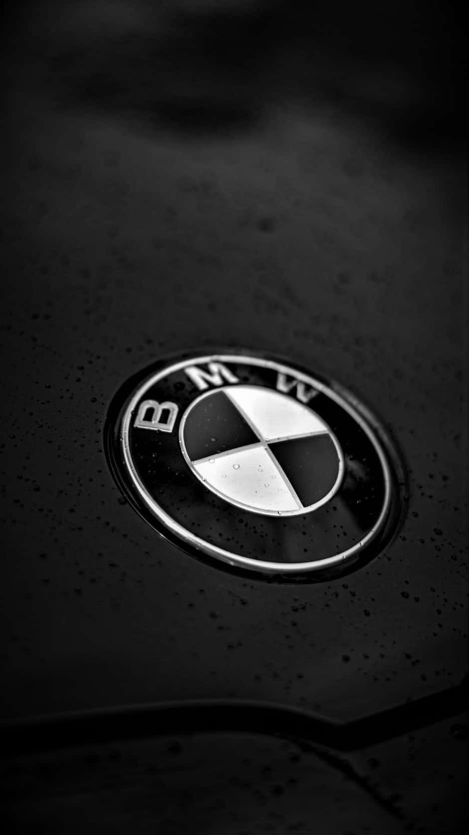 在您的BMW中掌握科技的力量 壁紙 — BMW 標誌的特寫，位於濕透的黑色汽車引擎蓋上，雨滴在柔和光線下閃閃發光。
