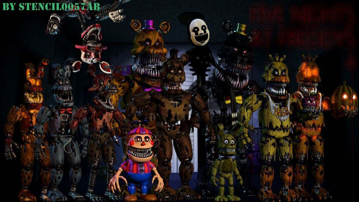 黑暗房間中一群來自《Five Nights at Freddy's》的恐怖電子動畫角色。