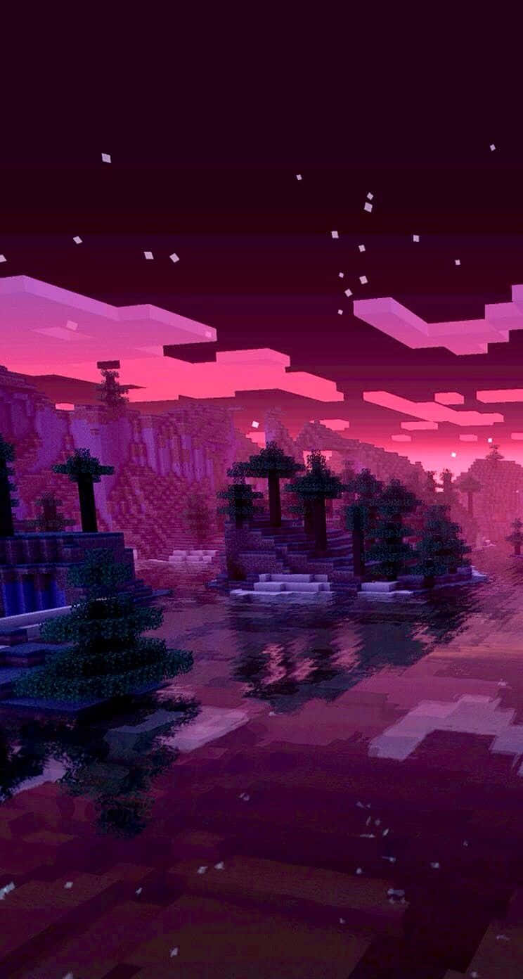 像素化Minecraft場景，粉紅色日落映照水面和方塊樹木。