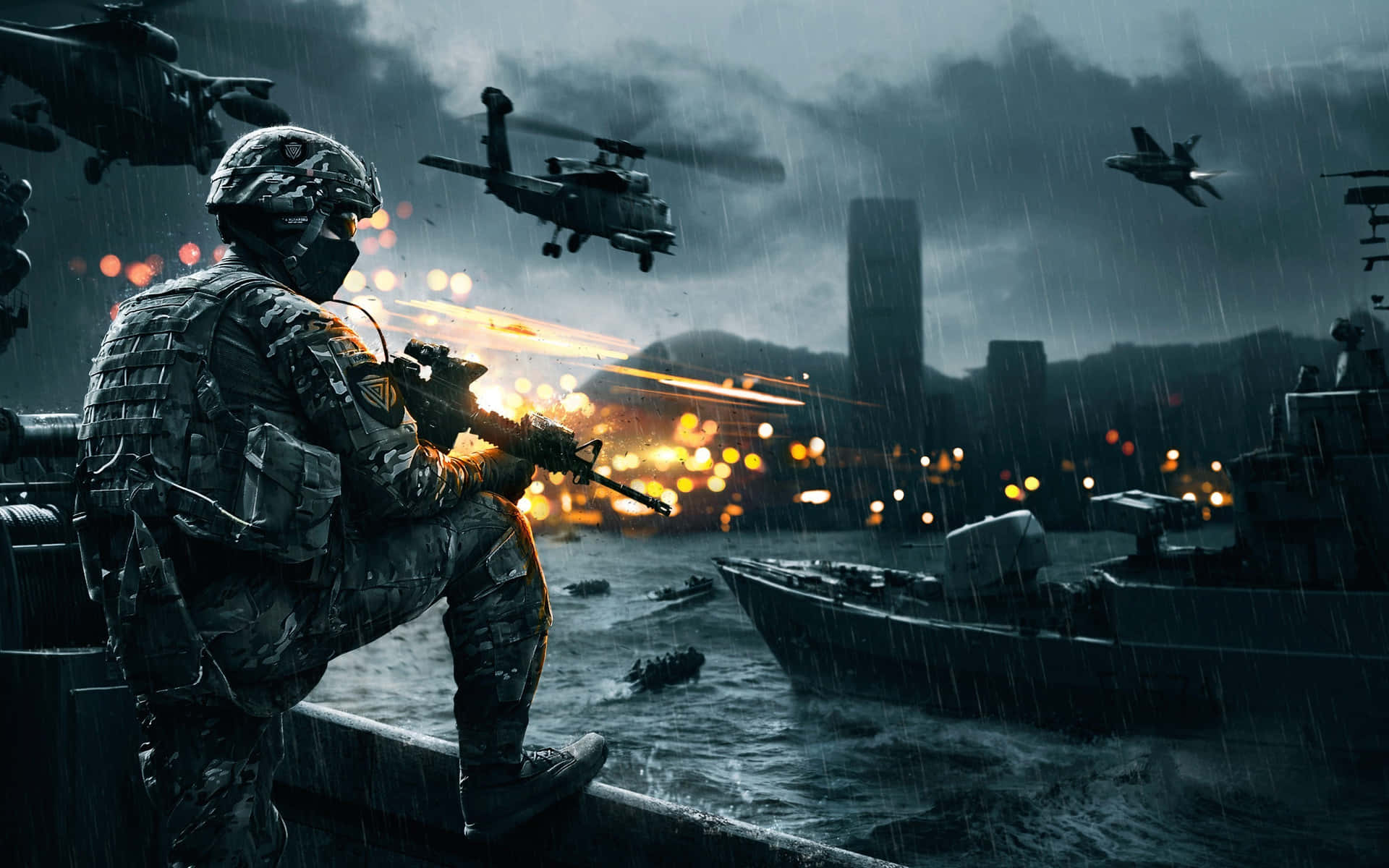 士兵在雨夜戰鬥中從船上發射步槍，直升機和噴射機在頭頂飛過。