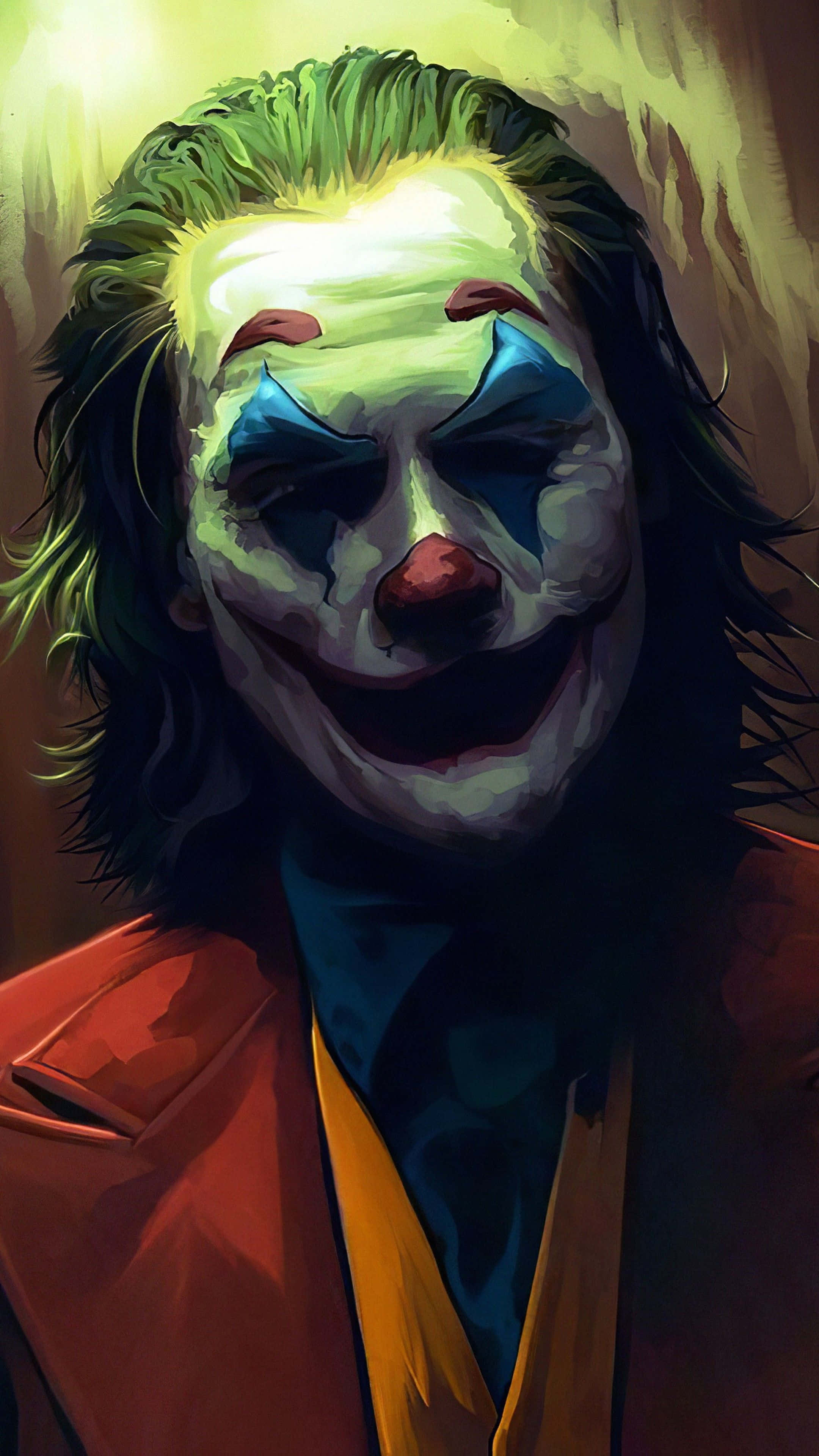 Joker Painting 桌布 壁紙 — 在戲劇性燈光下，小丑的威脅性特寫，綠色頭髮和弄髒的小丑妝容。