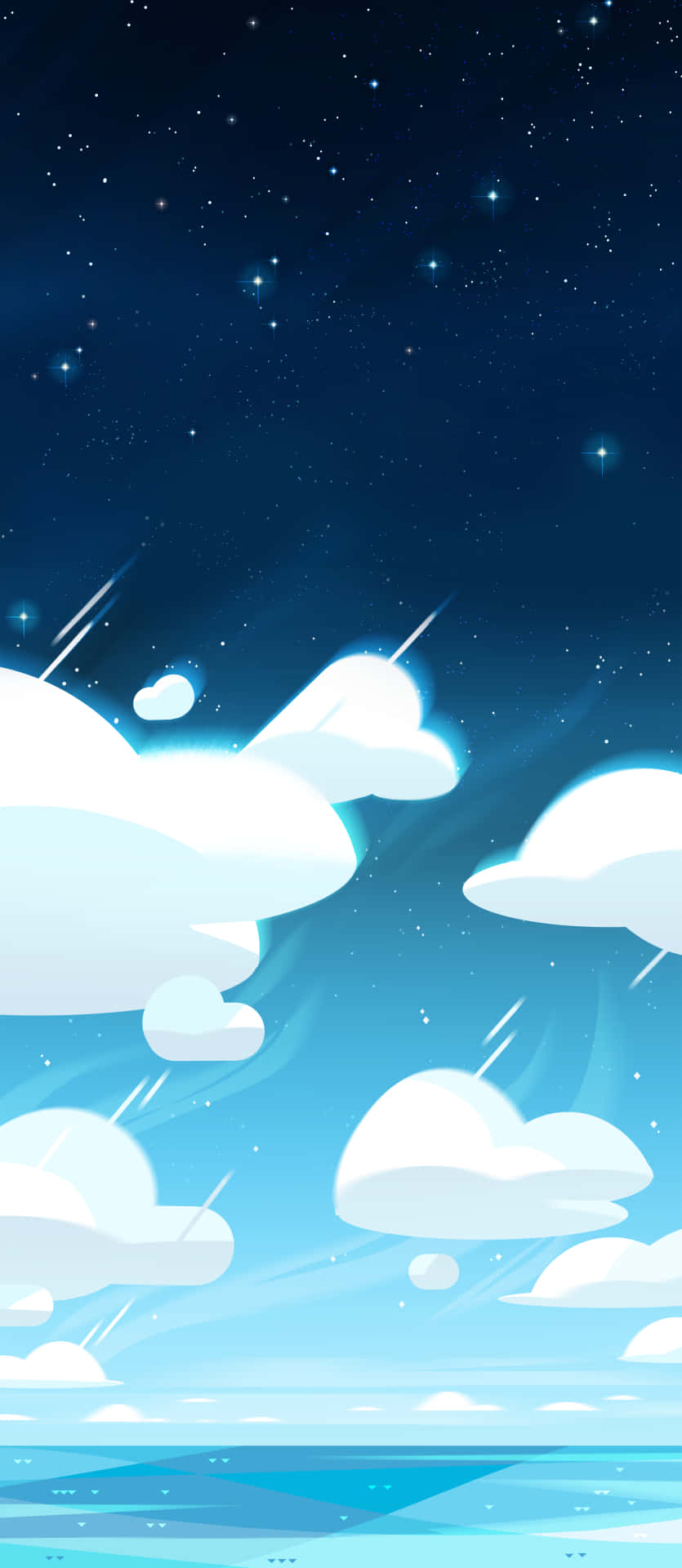 卡通雲朵在星夜下漂浮在海洋上方，伴隨著發光的天體光芒。